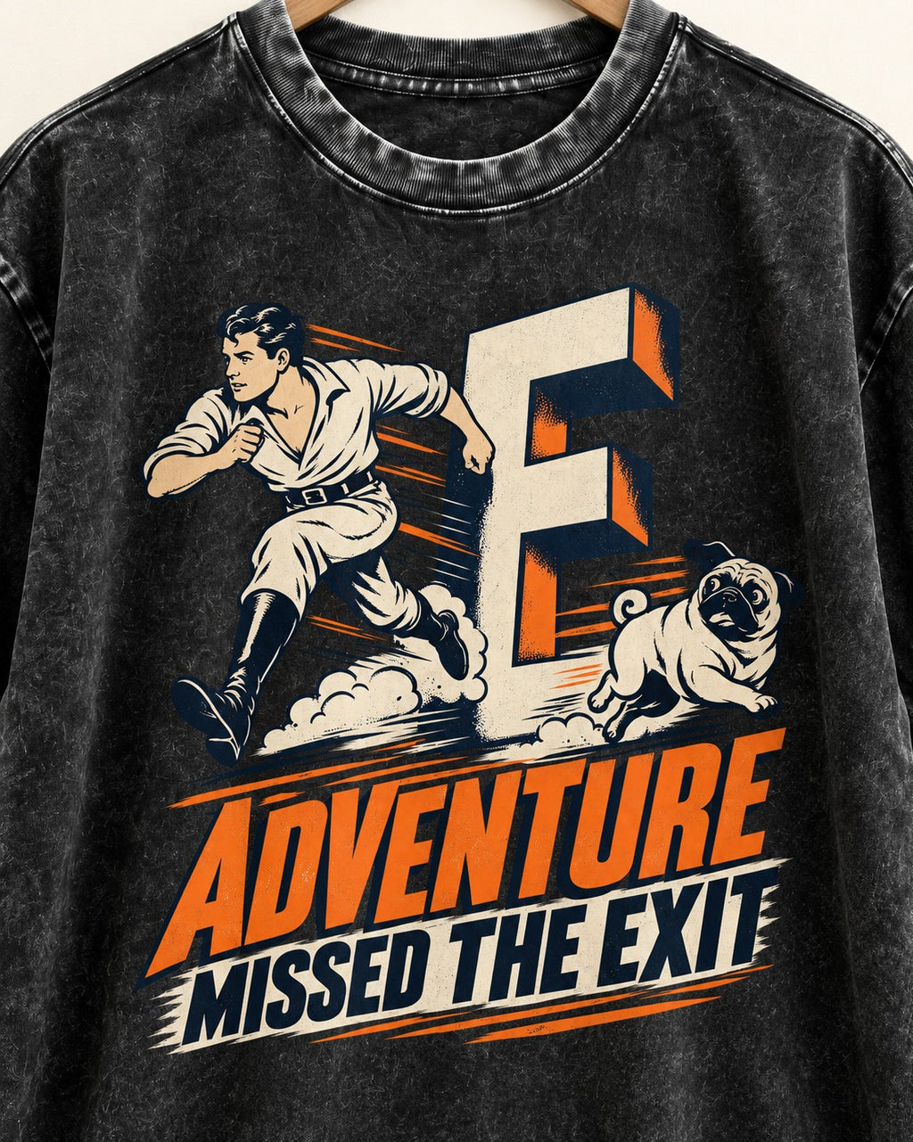 Pug Adventure Missed the Exit Running Graphic Washed Tee in Black, close-up of the graphic