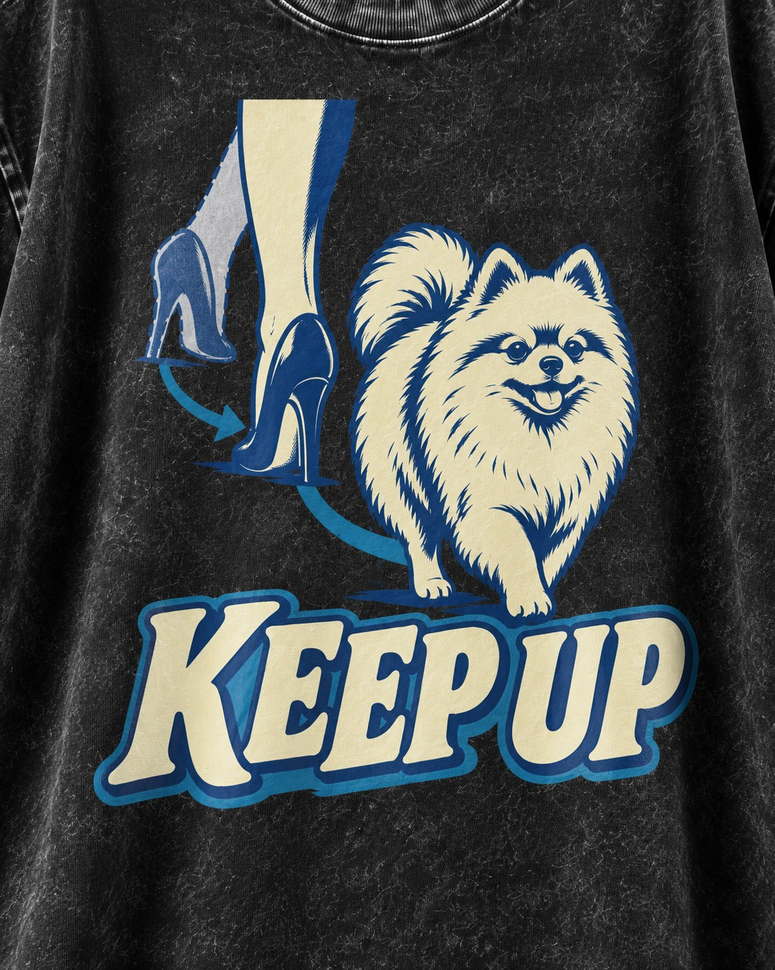 Pomeranian Keep Up High Heel Chase Graphic Washed Tee in Black, close-up of the graphic