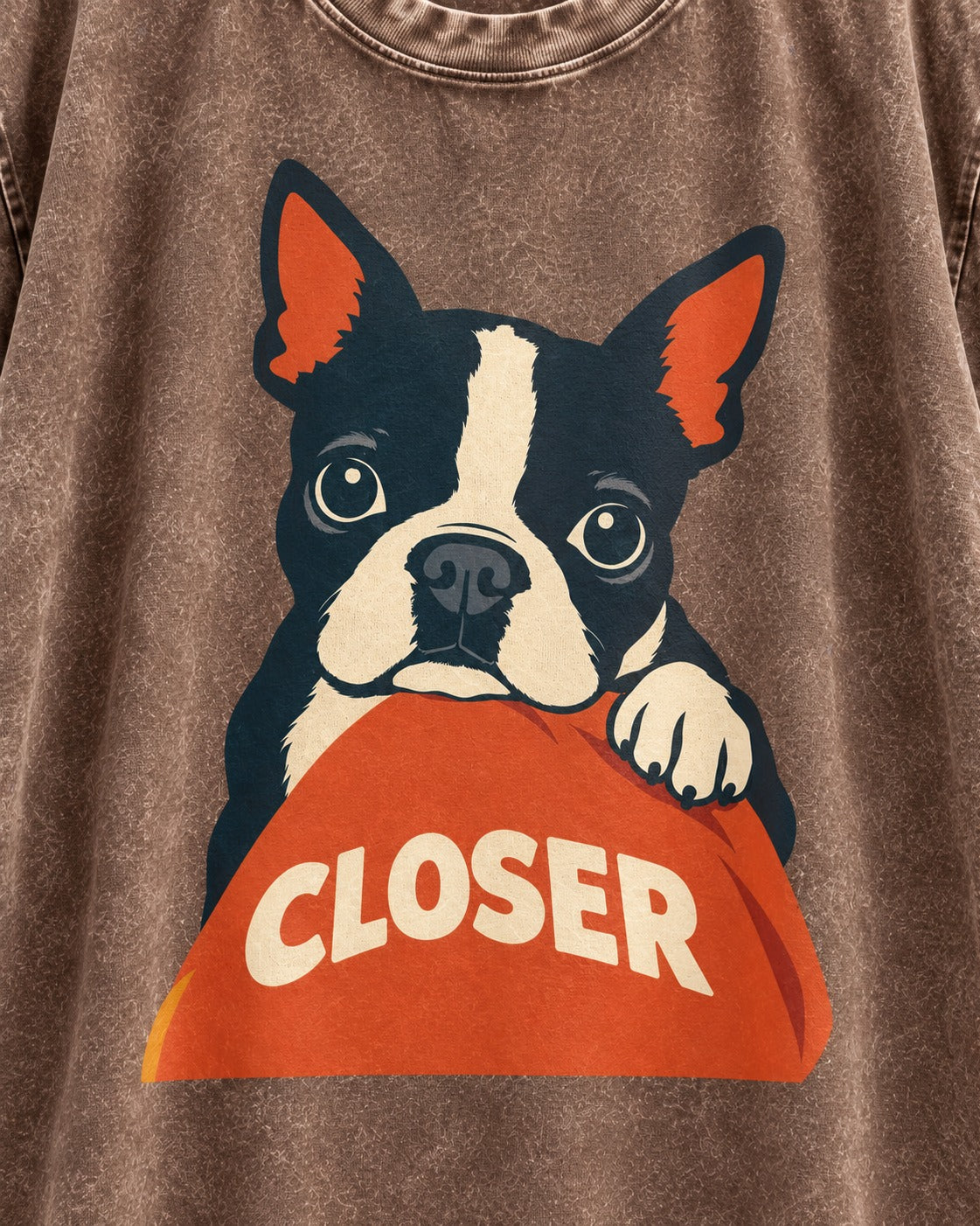Come Closer Boston Terrier Washed Tee in Coffee, close-up of the graphic