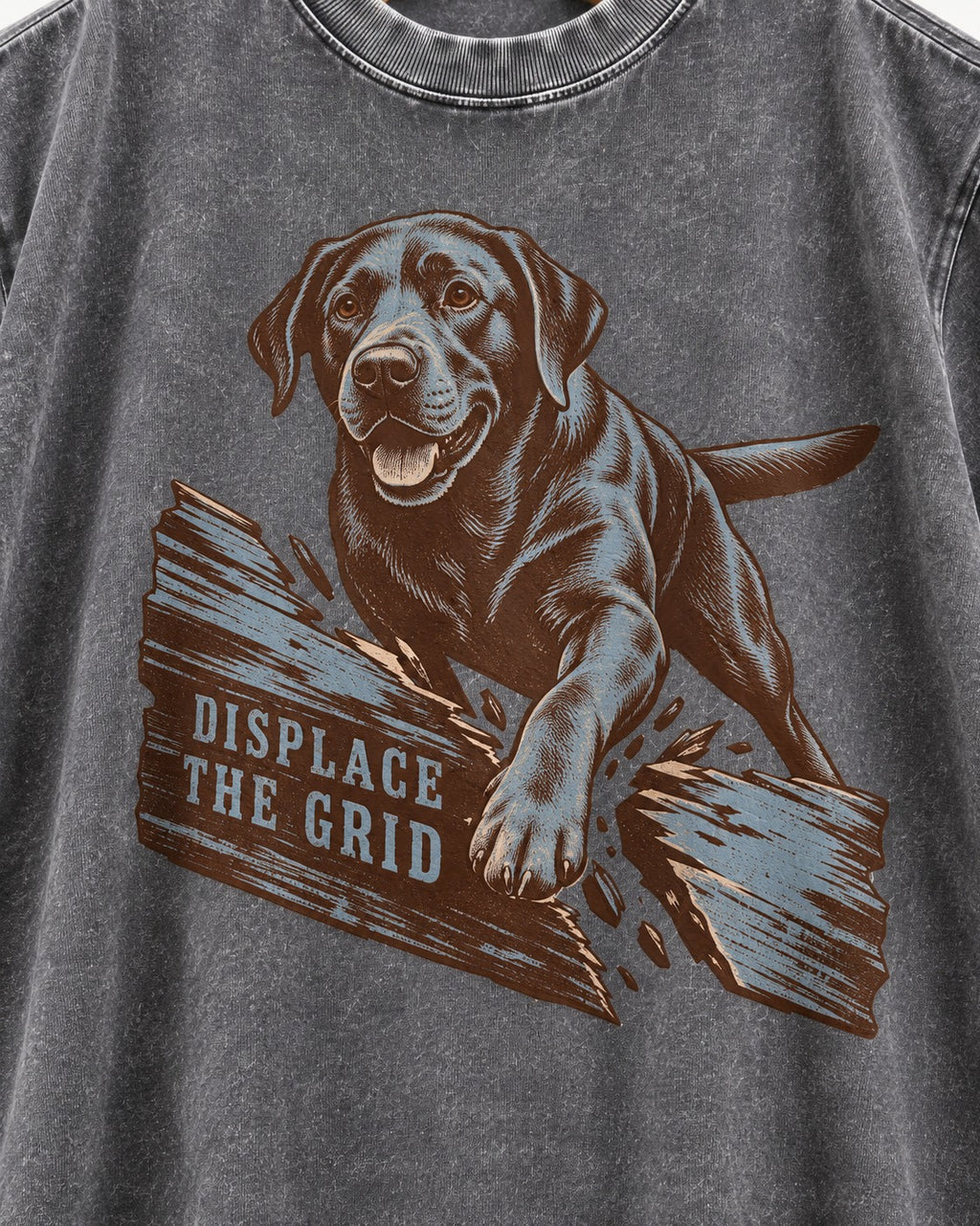 Labrador Retriever Displace the Grid Breaking Plank Graphic Washed Tee in Gray, close-up of the graphic