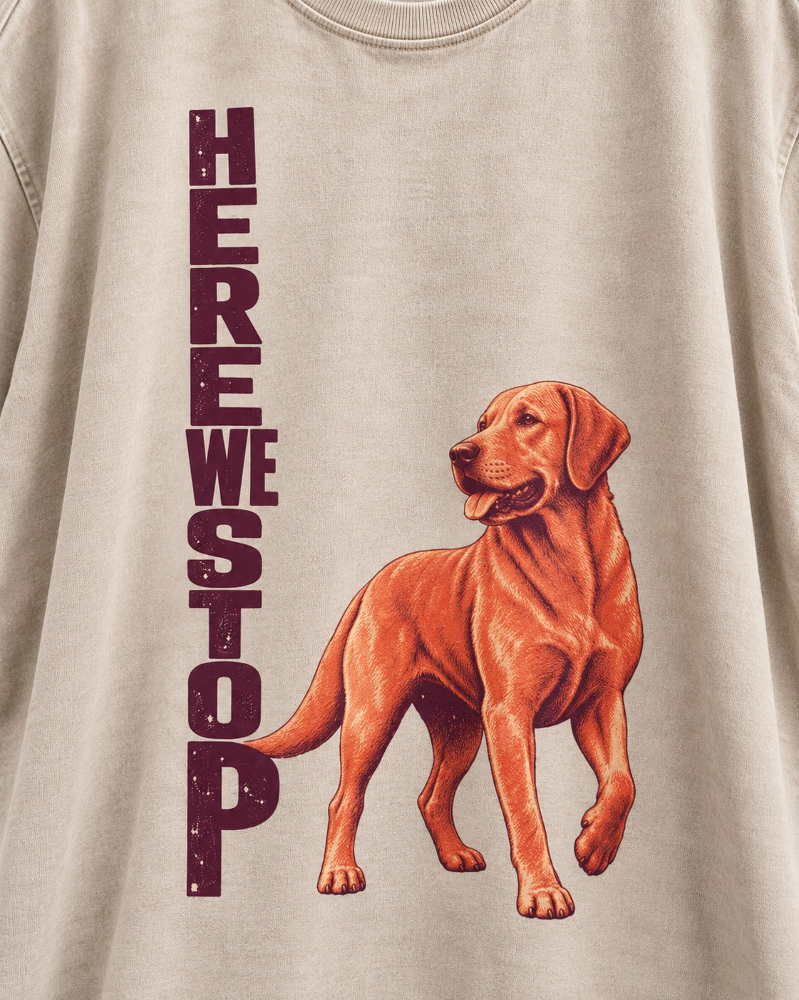 Here We Stop Labrador Retriever Washed Tee in Apricot, close-up of the graphic