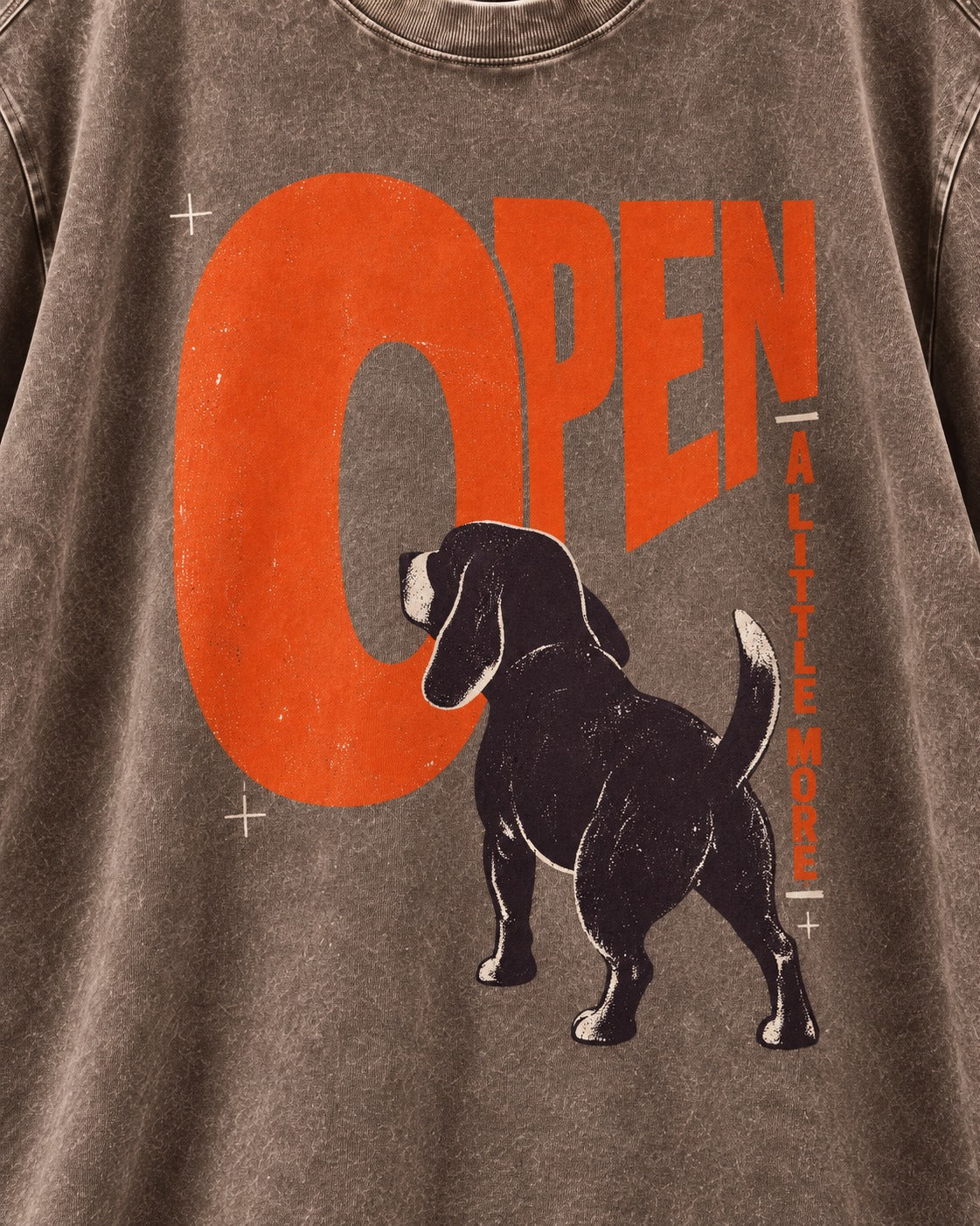 Open a Little More Beagle Washed Tee in Coffee, close-up of the graphic