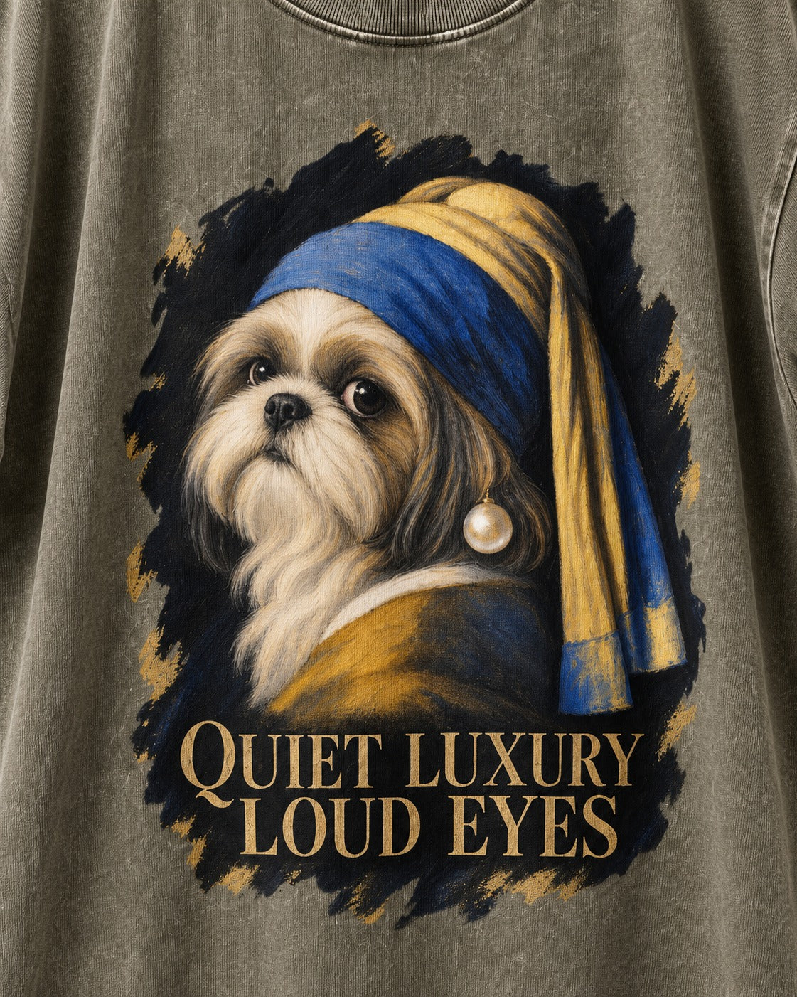 Shih Tzu Quiet Luxury Loud Eyes Pearl Portrait Graphic Washed Tee in Army Green, close-up of the graphic