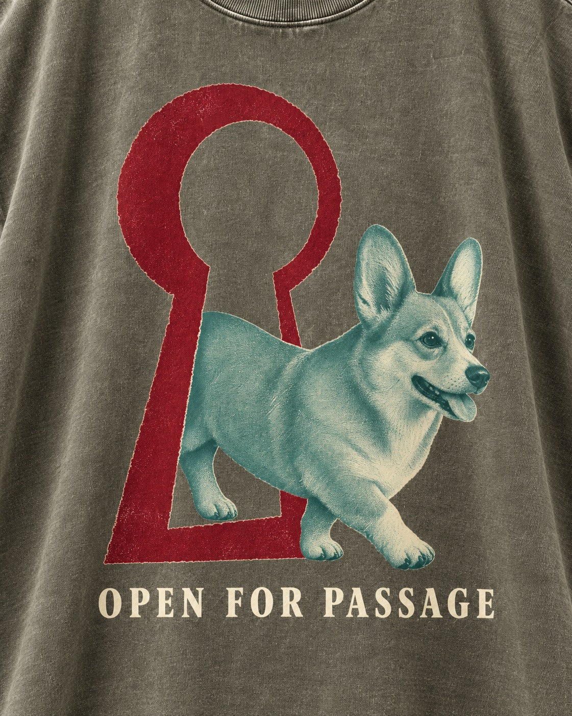 Corgi Open for Passage Keyhole Graphic Washed Tee in Army Green, close-up of the graphic