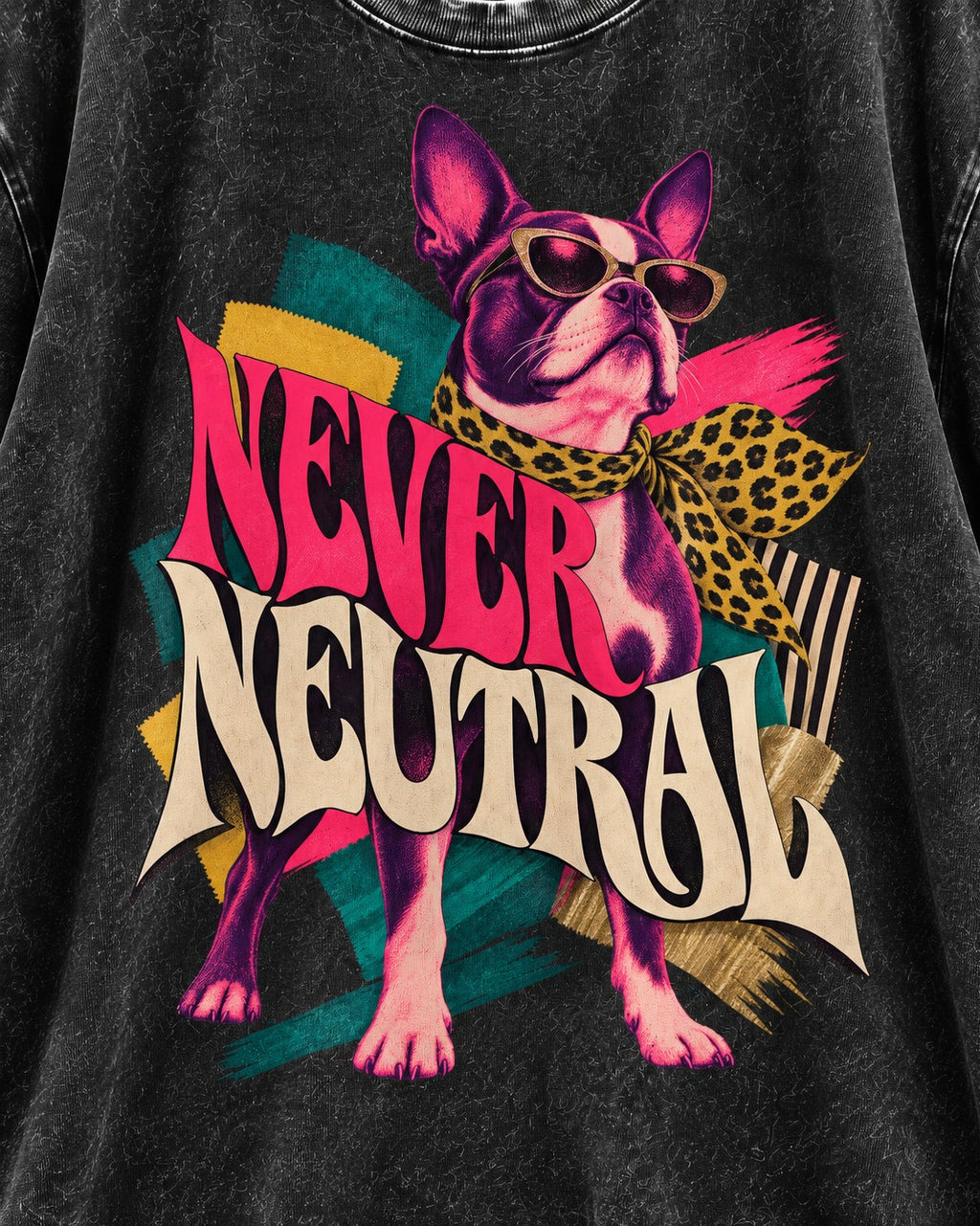 Boston Terrier Never Neutral Fashion Collage Graphic Washed Tee in Black, close-up of the graphic