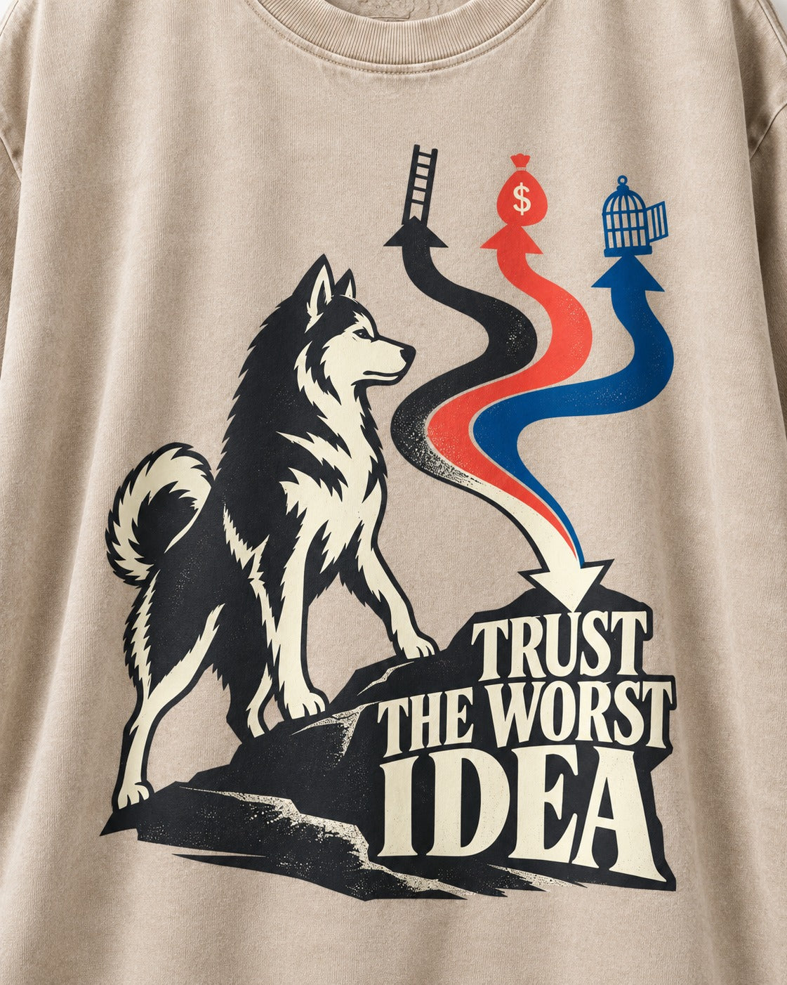 Trust the Worst Husky Idea Washed Tee in Apricot, close-up of the graphic