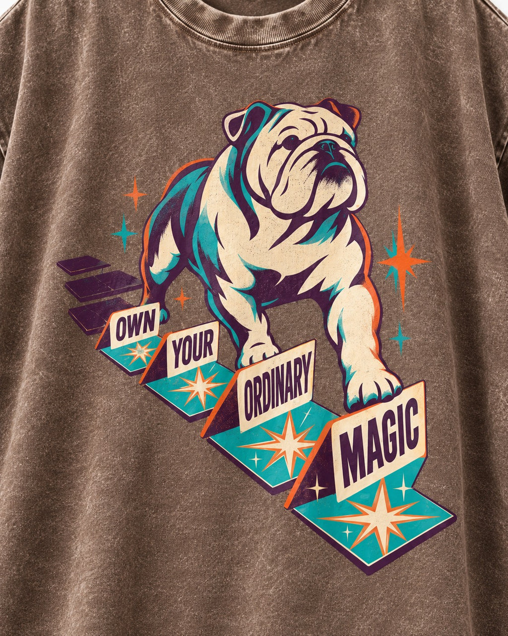 English Bulldog's Ordinary Magic Washed Tee in Coffee, close-up of the graphic