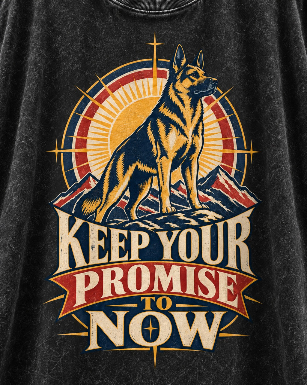 Keep Your Promise To Now Sunrise German Shepherd Dog Graphic Washed Tee in Black, close-up of the graphic