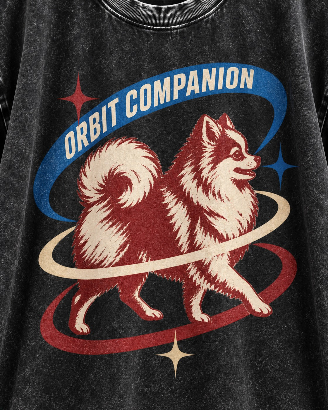 Pomeranian Orbit Companion Retro Space Graphic Washed Tee in Black, close-up of the graphic