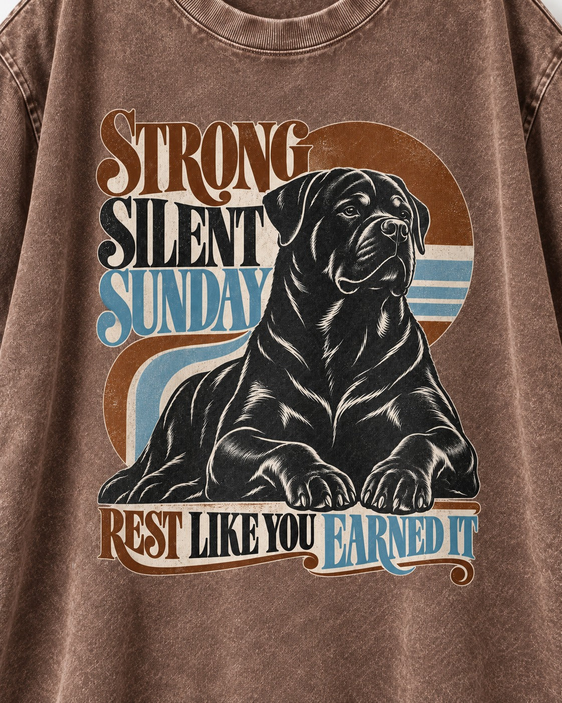 Strong Silent Sunday Rottweiler Washed Tee in Coffee, close-up of the graphic