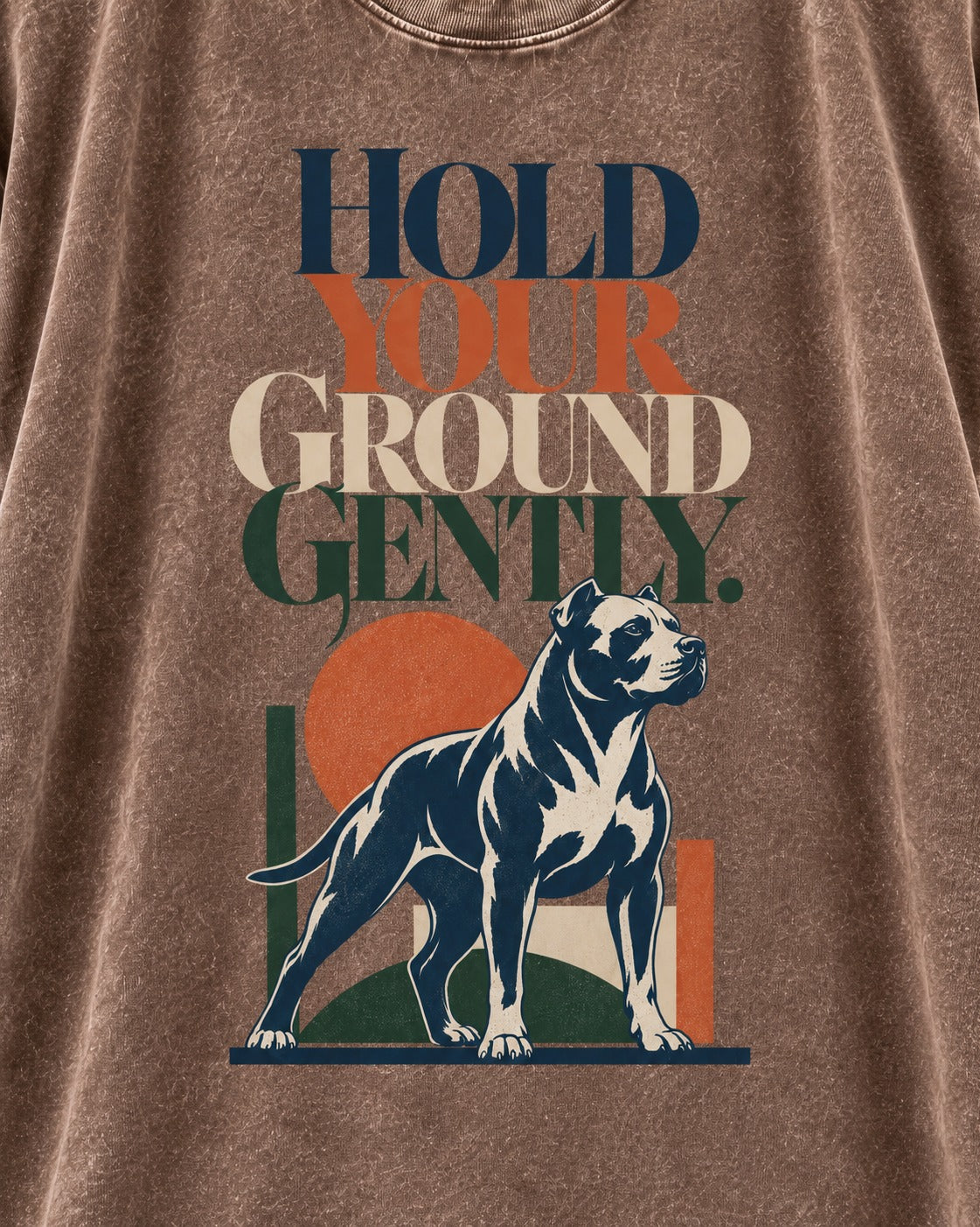 Pitbull Hold Your Ground Gently Standing Dog Graphic Washed Tee in Coffee, close-up of the graphic