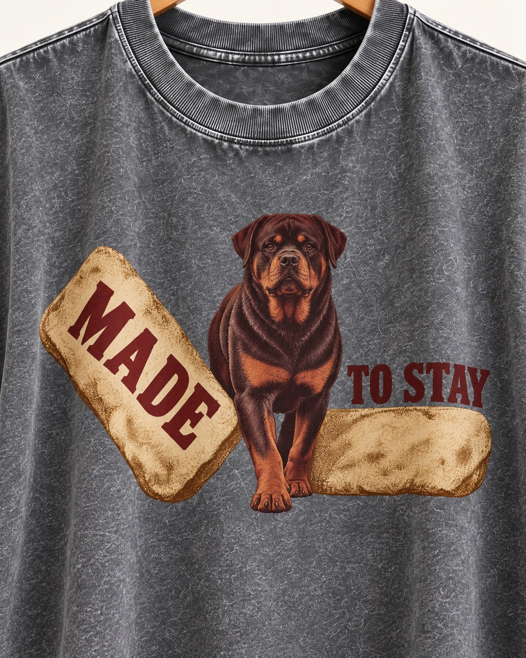 Rottweiler Made to Stay Stepping Stone Graphic Washed Tee in Gray, close-up of the graphic