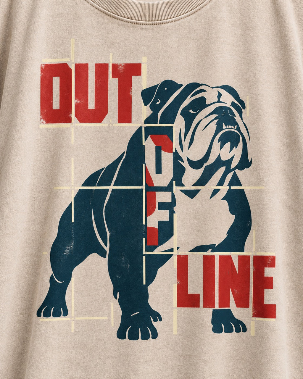 English Bulldog Out of Line Washed Tee in Apricot, close-up of the graphic