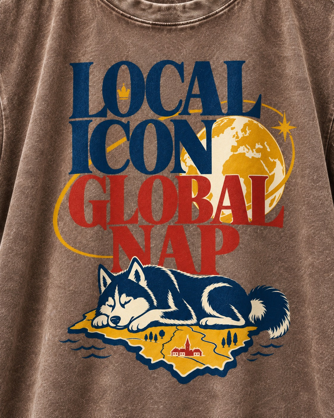 Husky Local Icon Global Nap Washed Tee in Coffee, close-up of the graphic