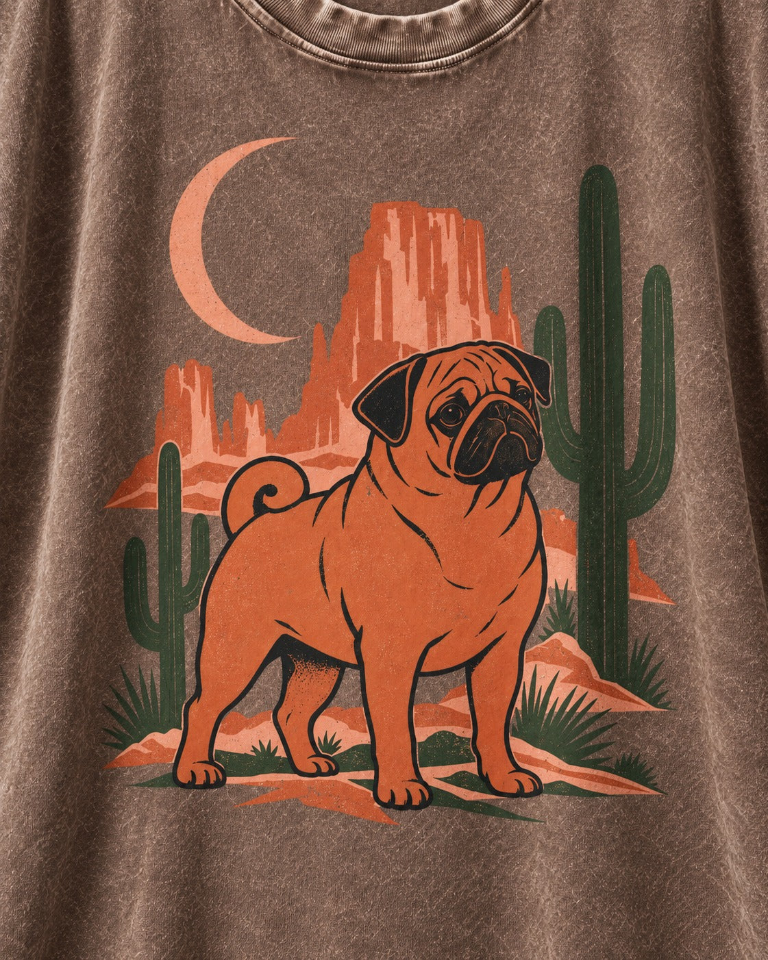 Pug Wild at Heart Washed Tee in Coffee, close-up of the graphic
