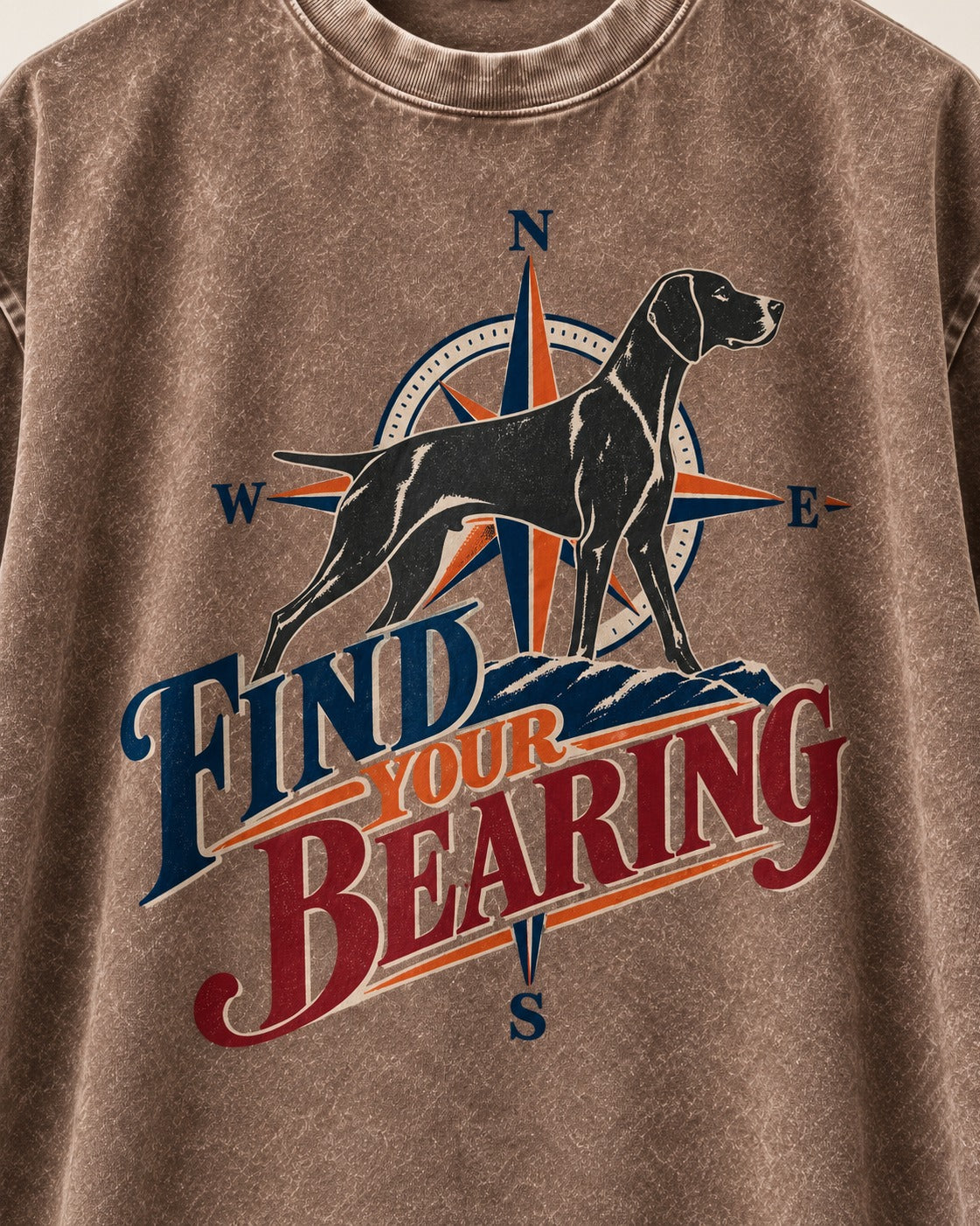 Find Your Bearing German Shorthaired Pointer Washed Tee in Coffee, close-up of the graphic