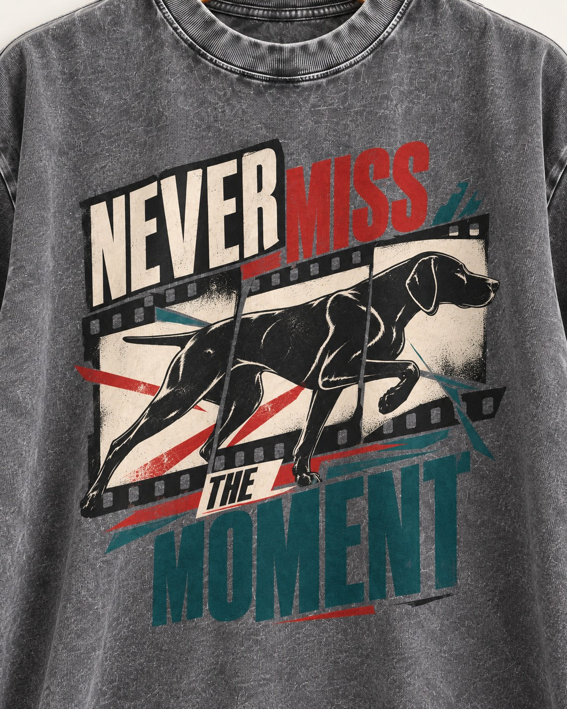 German Shorthaired Pointer Never Miss the Moment Filmstrip Graphic Washed Tee in Gray, close-up of the graphic