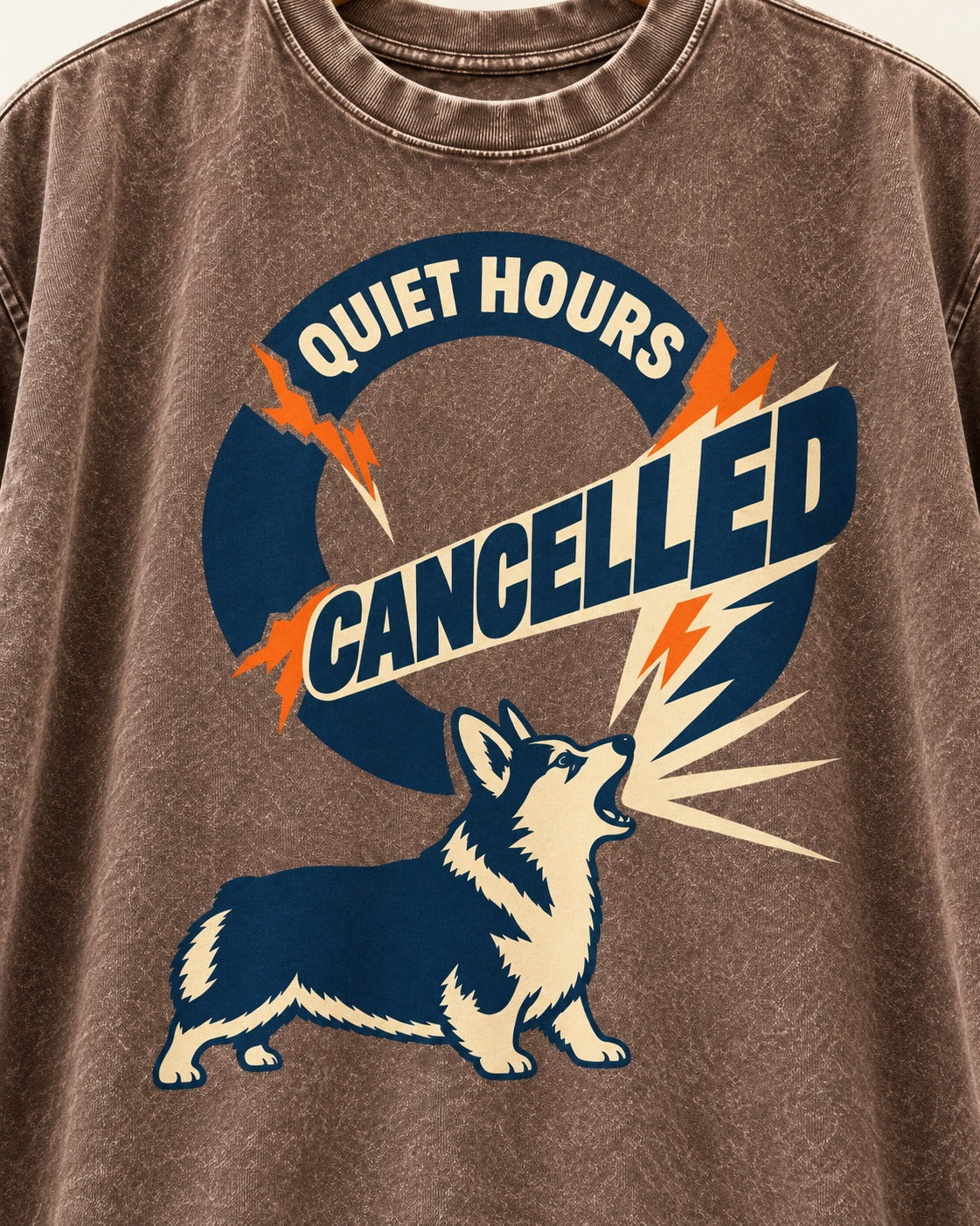 Corgi Quiet Hours Cancelled Calling Badge Graphic Washed Tee in Coffee, close-up of the graphic
