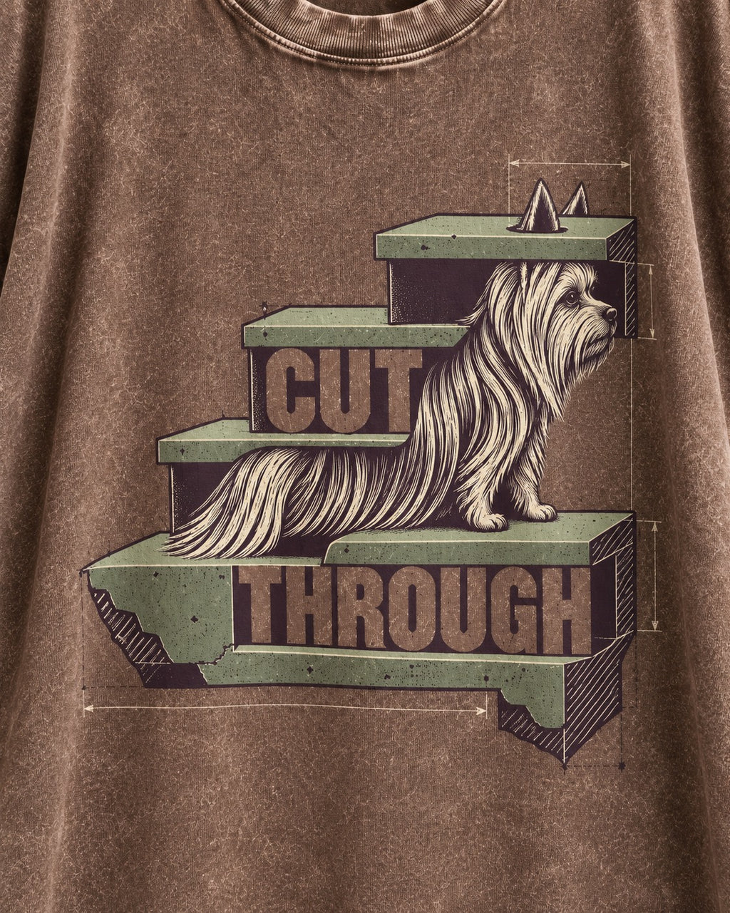 Yorkshire Terrier Cut Through Washed Tee in Coffee, close-up of the graphic
