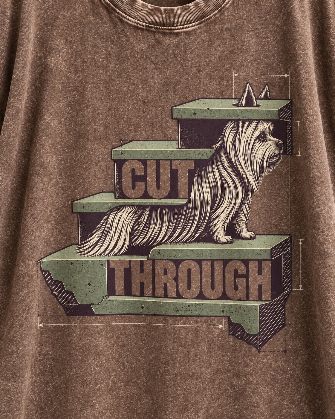 Yorkshire Terrier Cut Through Washed Tee in Coffee, close-up of the graphic