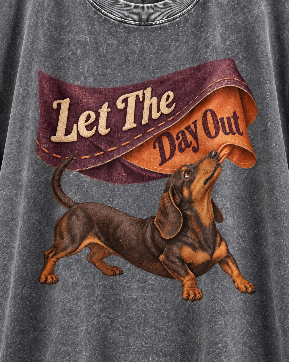 Dachshund Let The Day Out Fabric Banner Graphic Washed Tee in Gray, close-up of the graphic