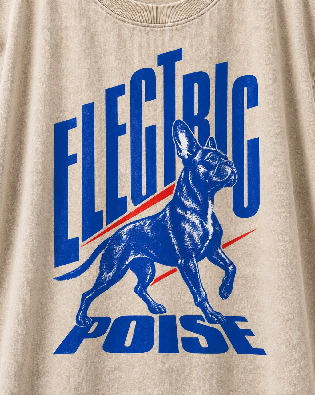 Boston Terrier Electric Poise Washed Tee in Apricot, close-up of the graphic