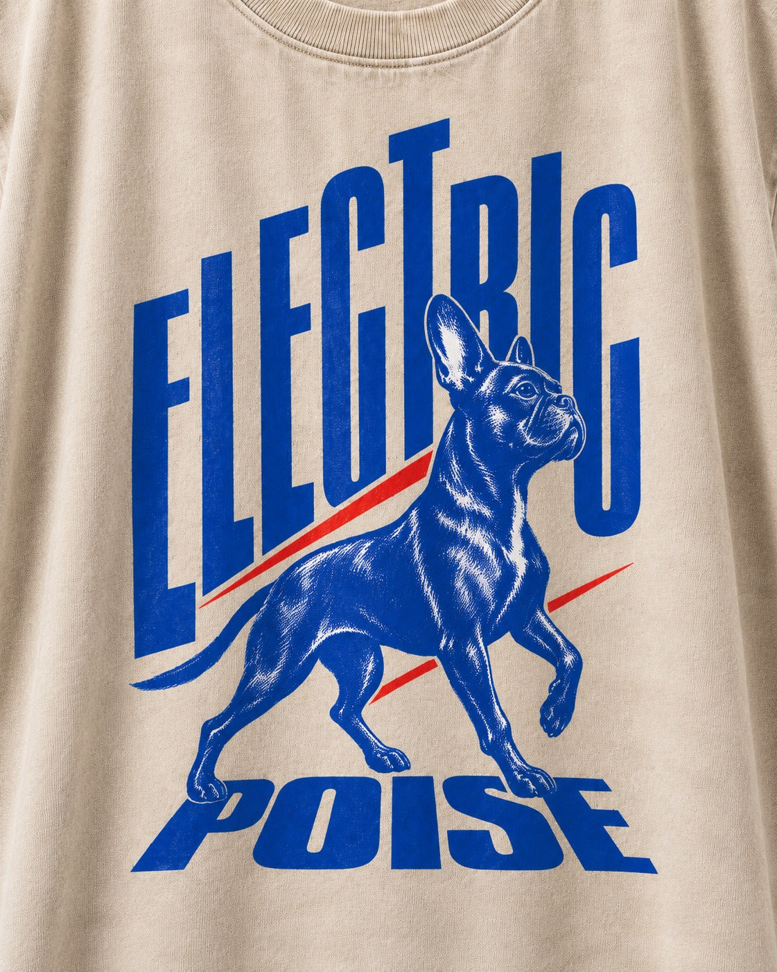 Boston Terrier Electric Poise Washed Tee in Apricot, close-up of the graphic