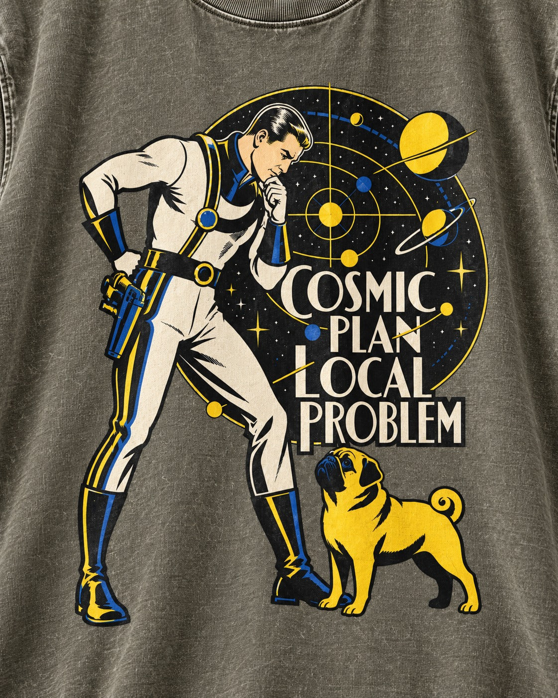 Pug Cosmic Plan Local Problem Astronaut Graphic Washed Tee in Army Green, close-up of the graphic