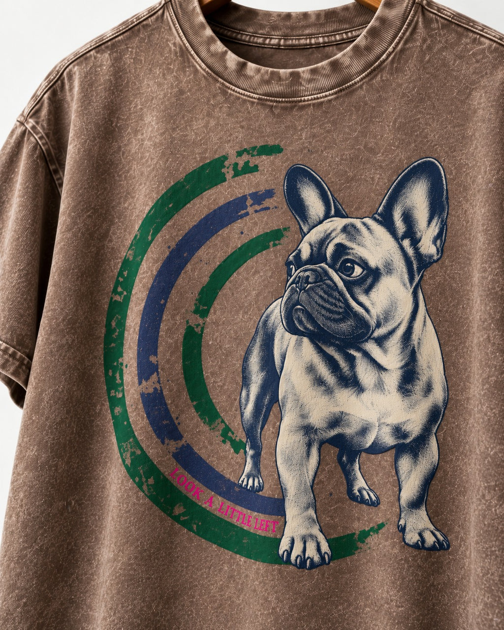 Frenchie Look a Little Left Orbit Graphic Washed Tee in Coffee, close-up of the graphic