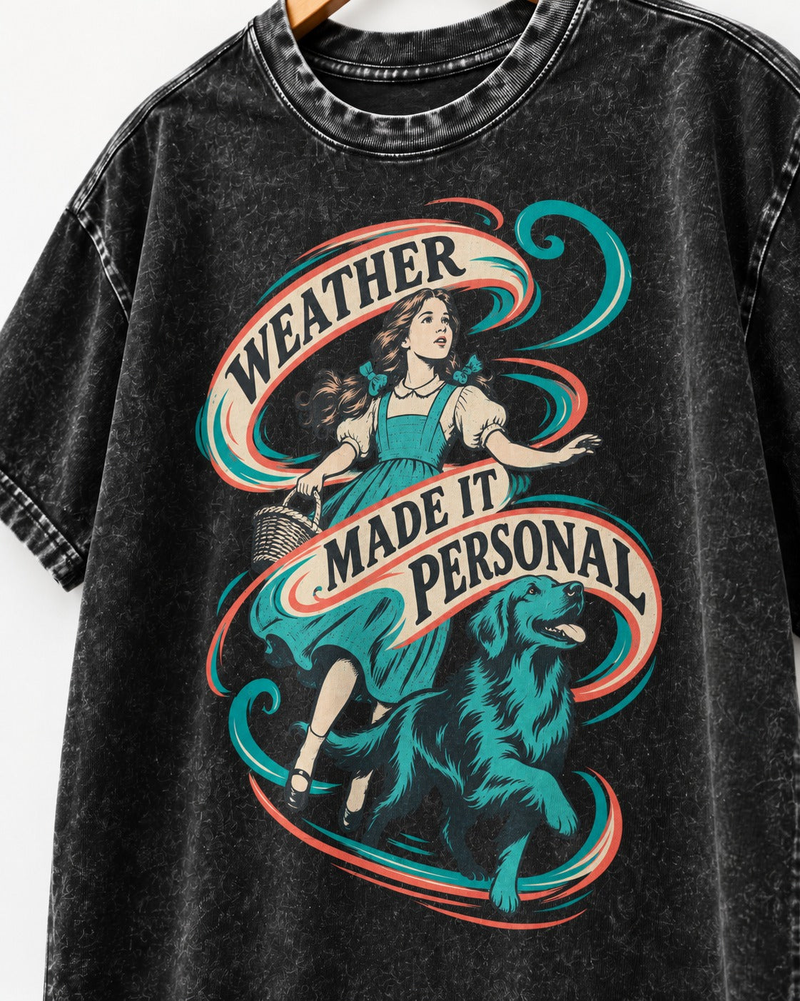 Golden Retriever Weather Made It Personal Woman Graphic Washed Tee in Black, close-up of the graphic