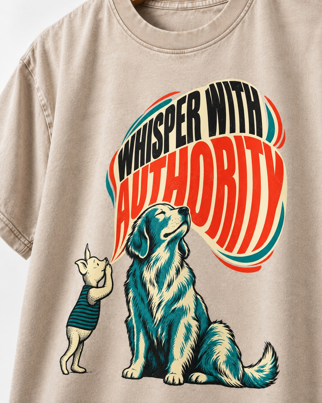 Golden Retriever Whisper with Authority Washed Tee in Apricot, close-up of the graphic