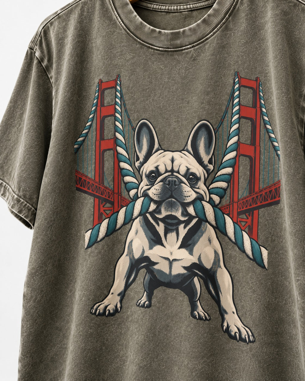 Frenchie Tug Anchor Bridge Graphic Washed Tee in Army Green, close-up of the graphic