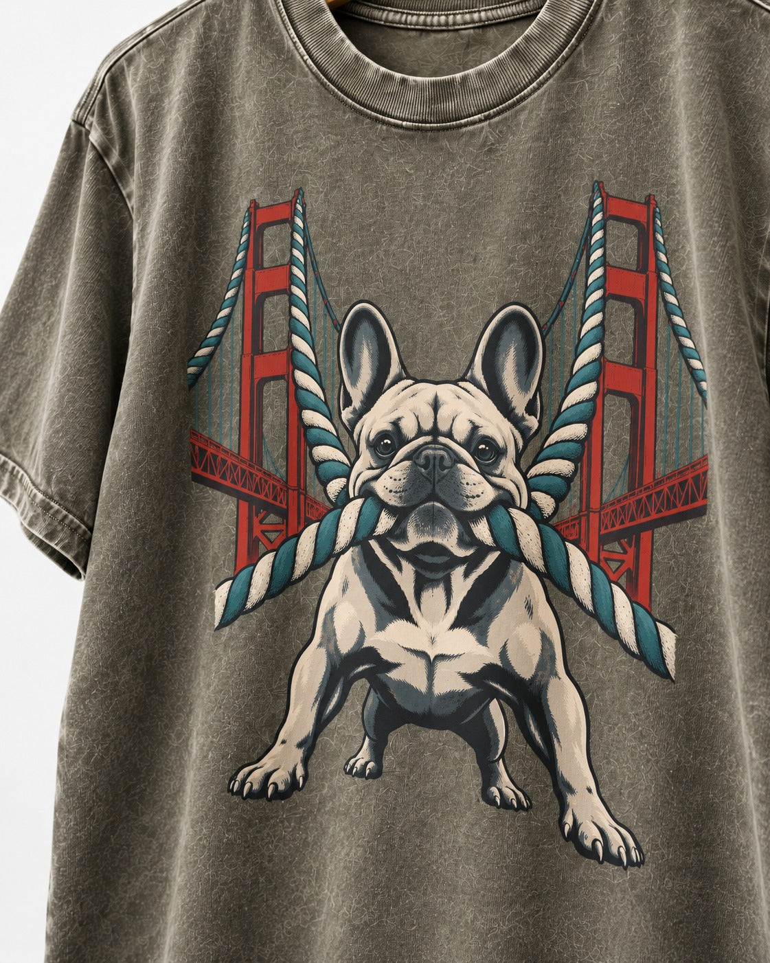 Frenchie Tug Anchor Bridge Graphic Washed Tee in Army Green, close-up of the graphic
