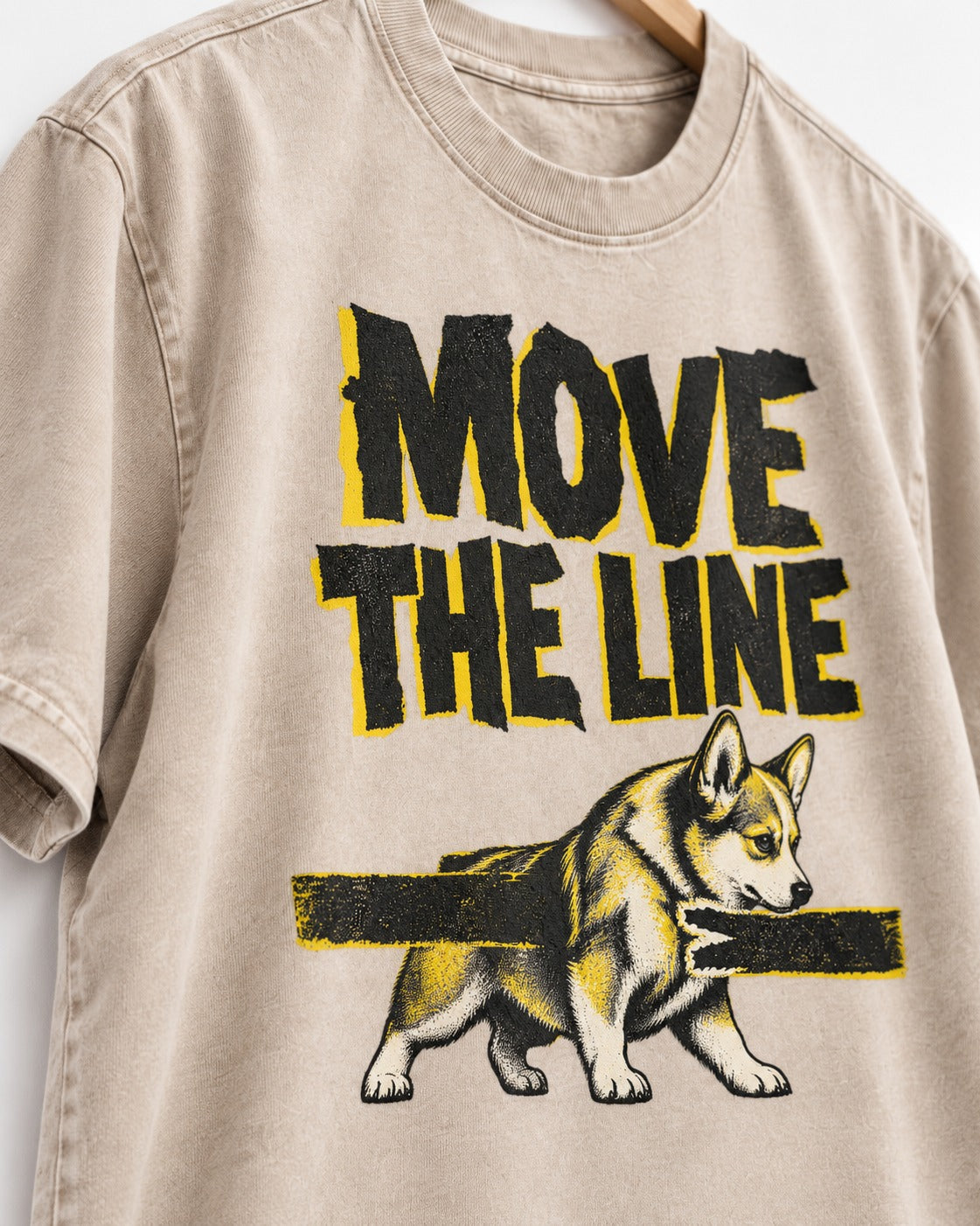 Corgi Move the Line Washed Tee in Apricot, close-up of the graphic