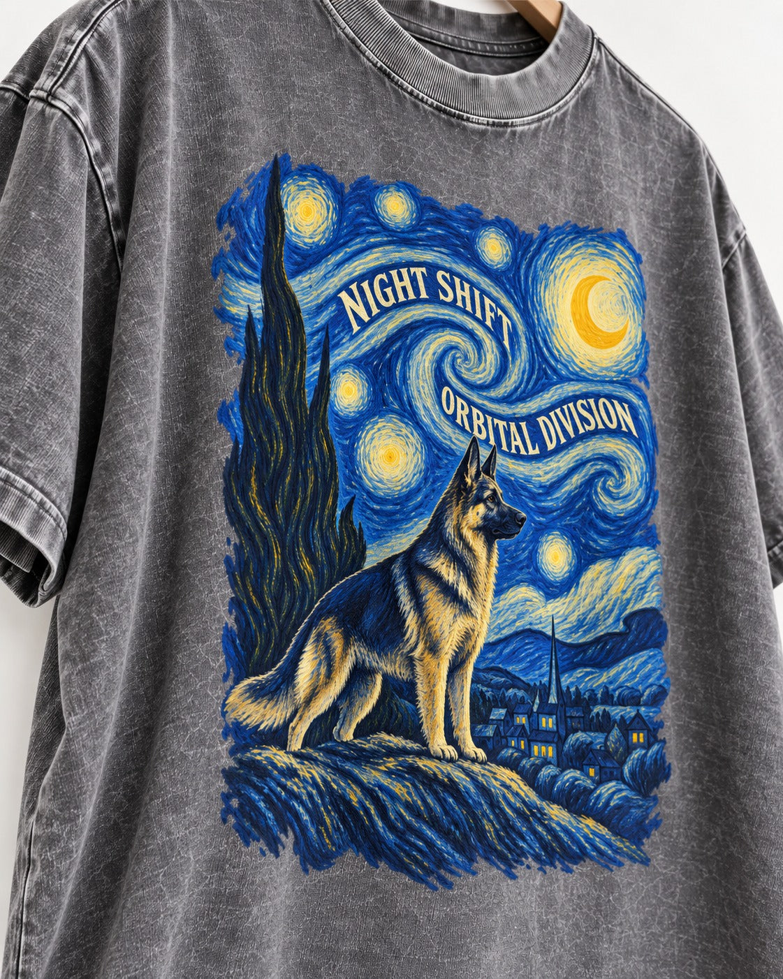 German Shepherd Dog Night Shift Orbital Division Starry Night Washed Tee in Gray, close-up of the graphic