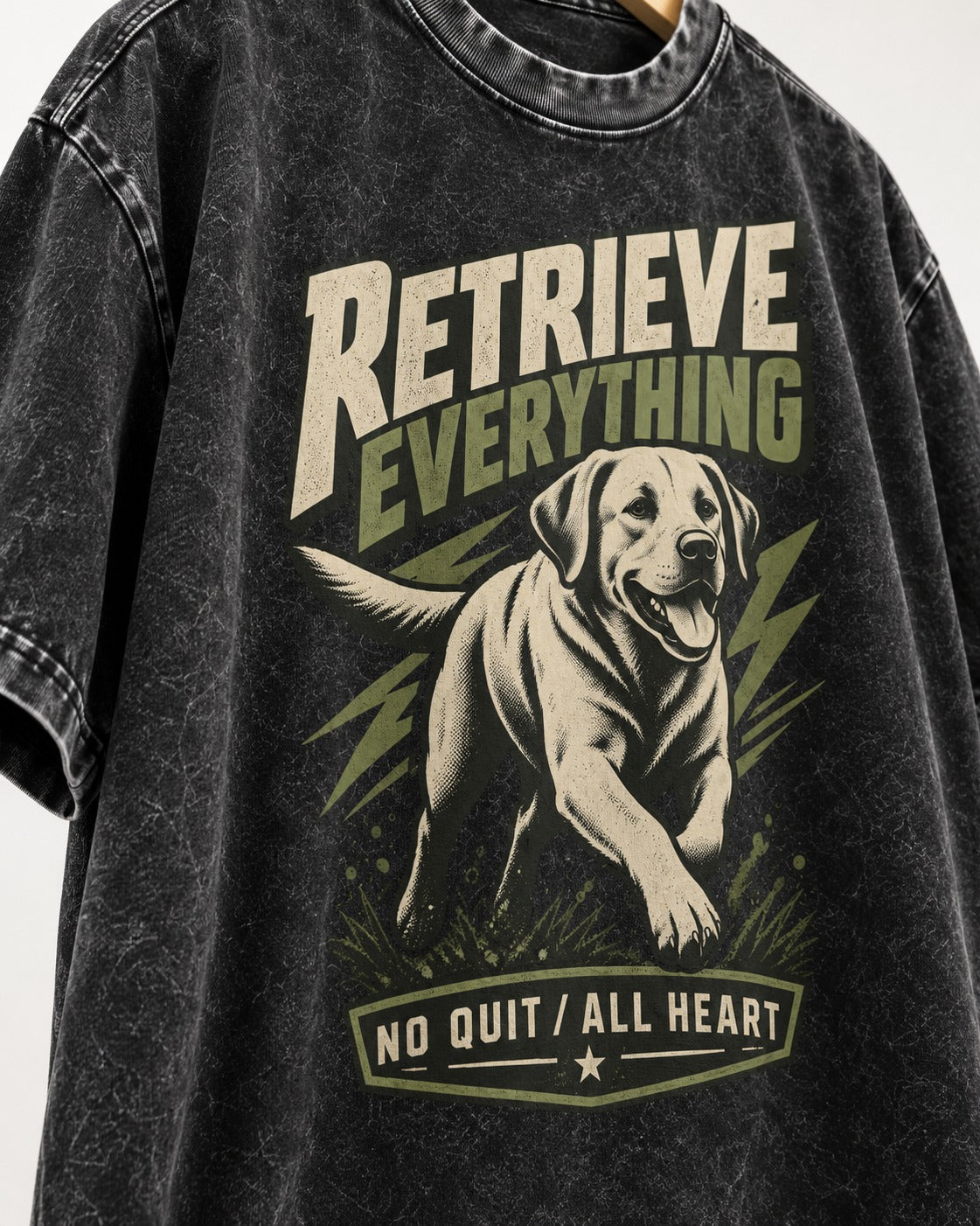 Labrador Retriever Retrieve Everything No Quit All Heart Running Graphic Washed Tee in Black, close-up of the graphic