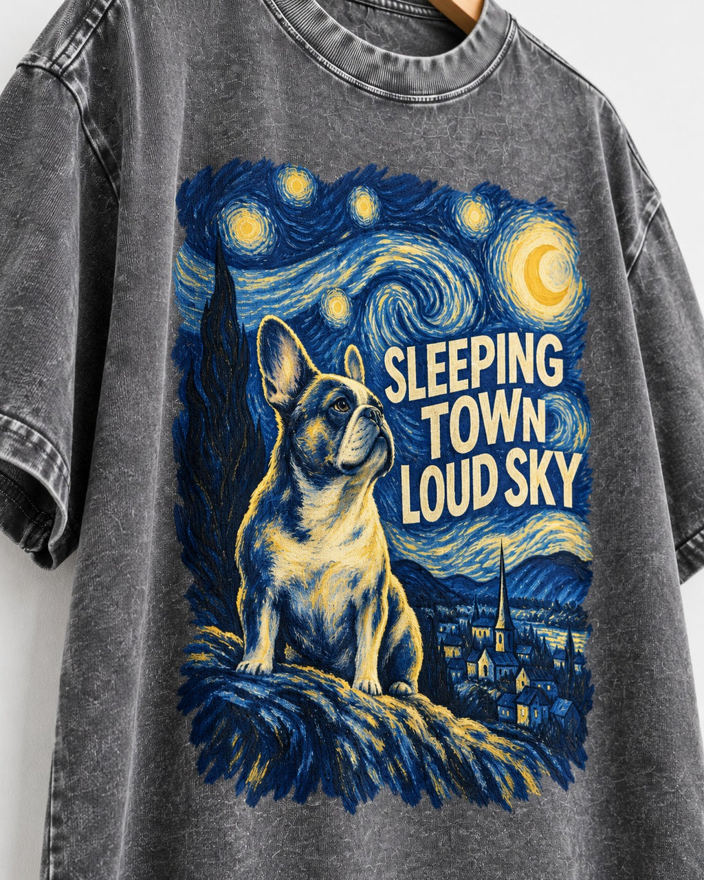Frenchie Sleeping Town Loud Sky Graphic Washed Tee in Gray, close-up of the graphic