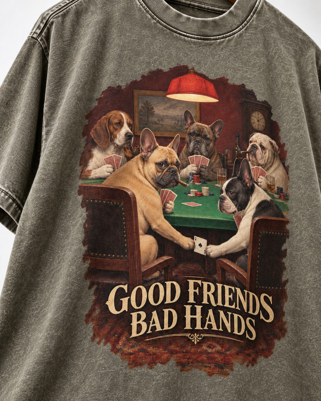 Frenchie Good Friends Bad Hands Poker Graphic Washed Tee in Army Green, close-up of the graphic