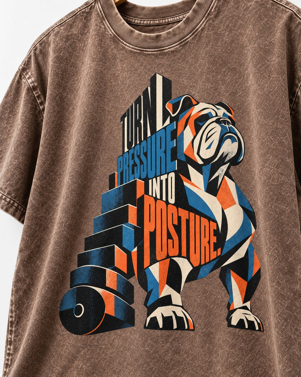 Turn Pressure Into Posture English Bulldog Washed Tee in Coffee, close-up of the graphic