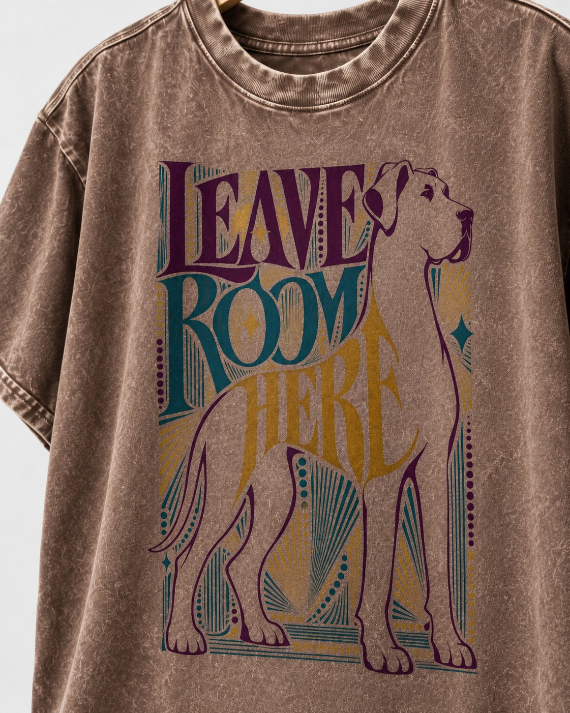 Leave Room for Great Dane Washed Tee in Coffee, close-up of the graphic