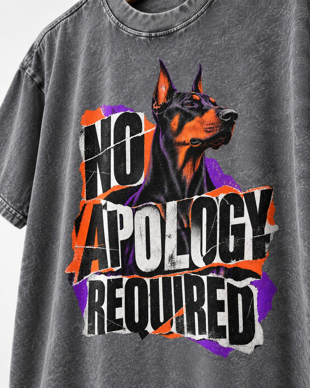 Doberman No Apology Required Torn Paper Graphic Washed Tee in Gray, close-up of the graphic