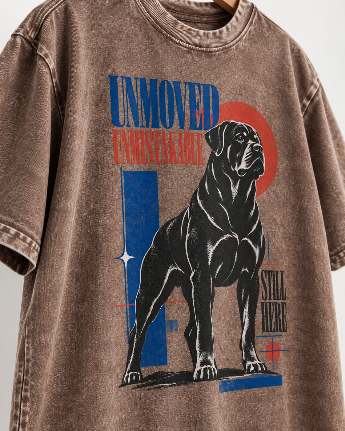 Unmoved Unmistakable Rottweiler Washed Tee in Coffee, close-up of the graphic