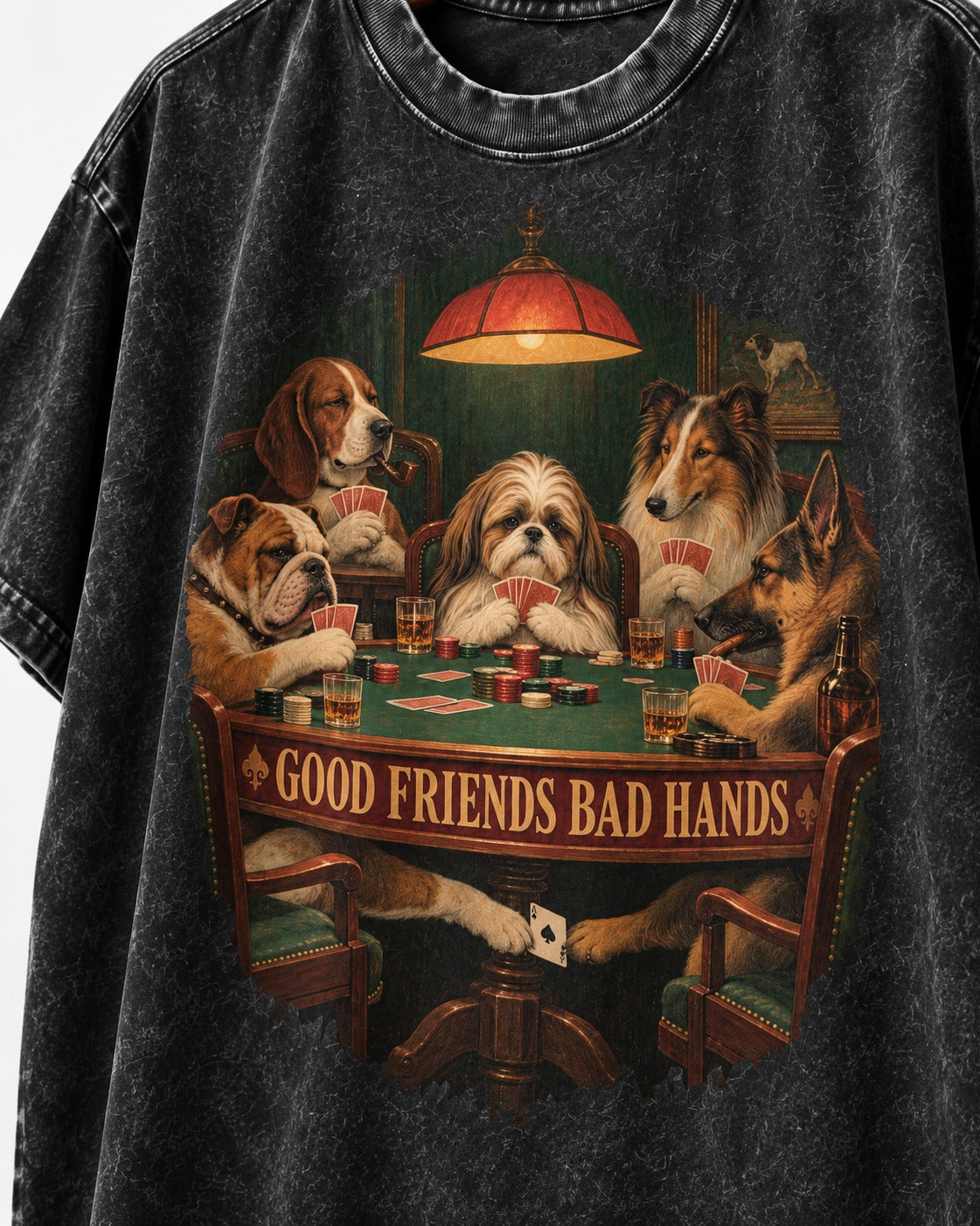 Shih Tzu Good Friends Bad Hands Poker Night Graphic Washed Tee in Black, close-up of the graphic