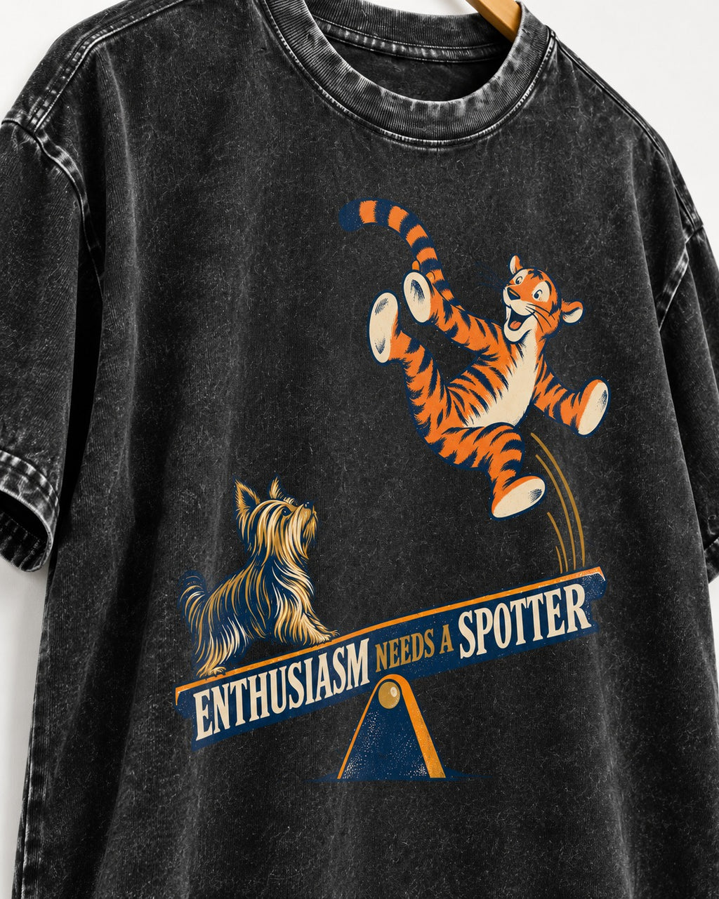 Yorkshire Terrier Enthusiasm Needs a Spotter Seesaw Graphic Washed Tee in Black, close-up of the graphic