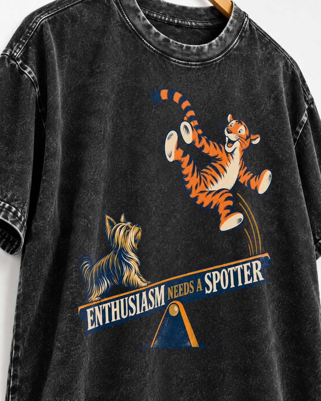 Yorkshire Terrier Enthusiasm Needs a Spotter Seesaw Graphic Washed Tee in Black, close-up of the graphic