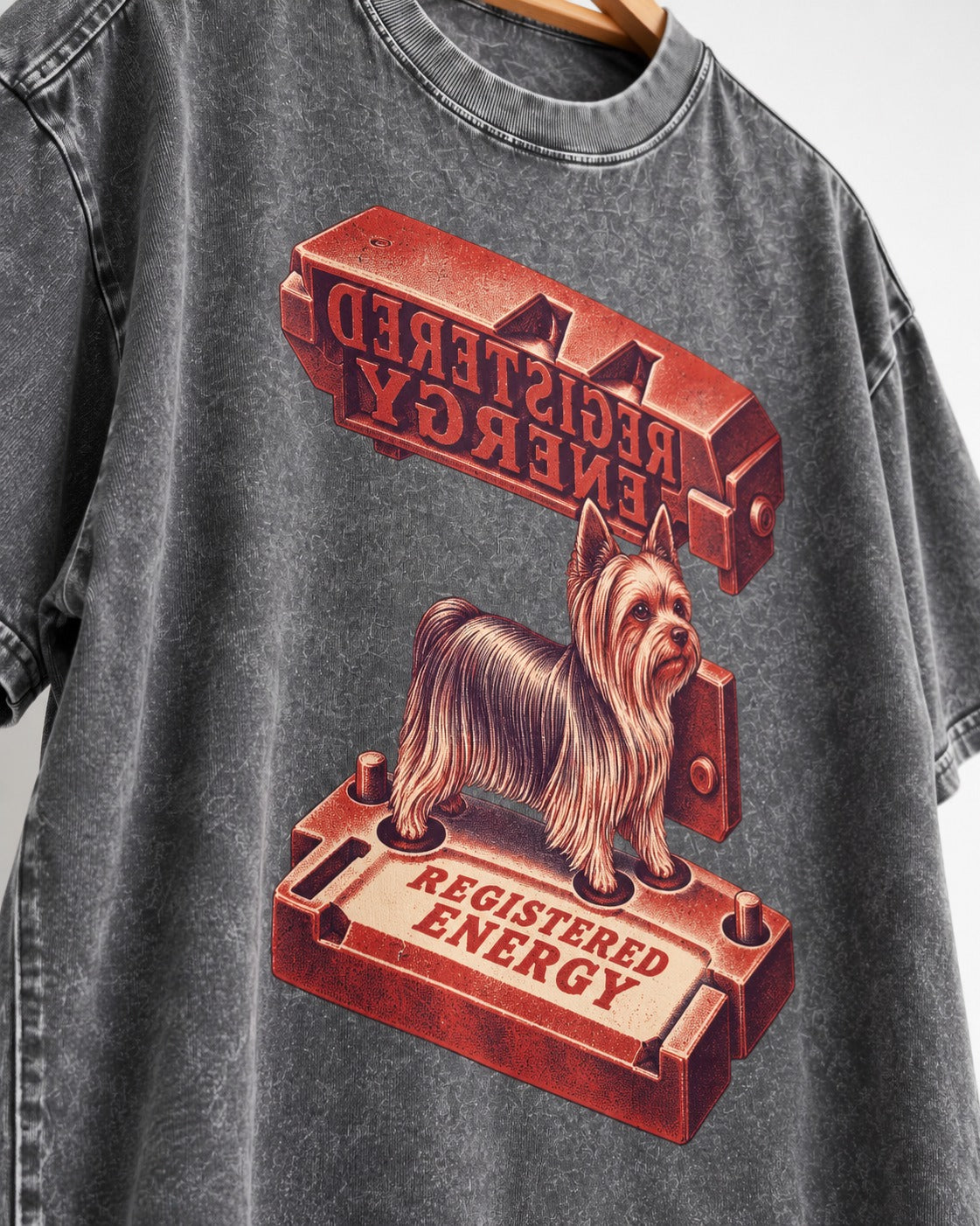 Yorkshire Terrier Registered Energy Stamp Press Graphic Washed Tee in Gray, close-up of the graphic