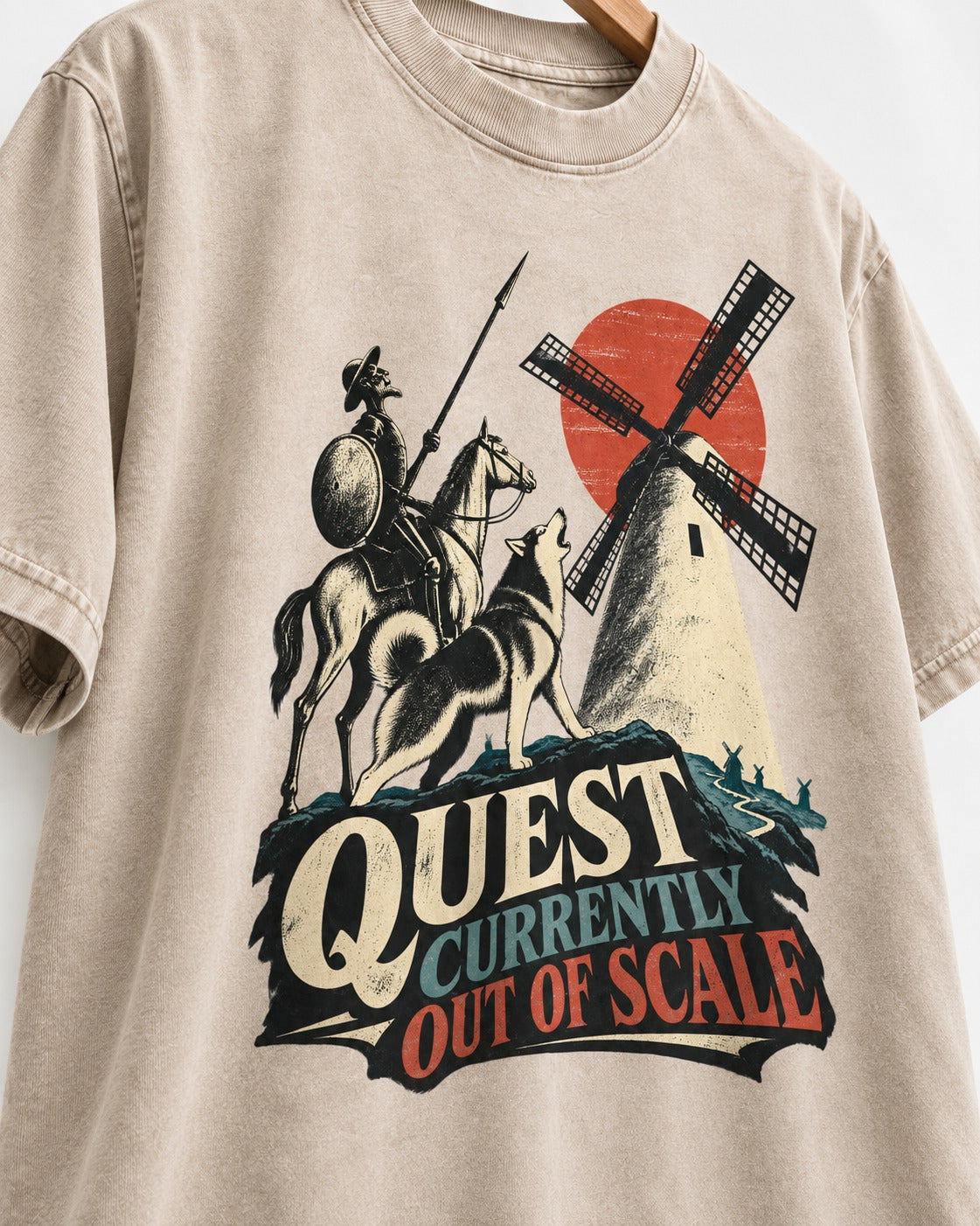 Husky Quest Out of Scale Washed Tee in Apricot, close-up of the graphic