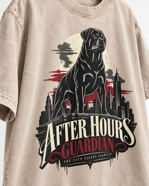 After Hours Rottweiler Guardian Washed Tee in Apricot, close-up of the graphic