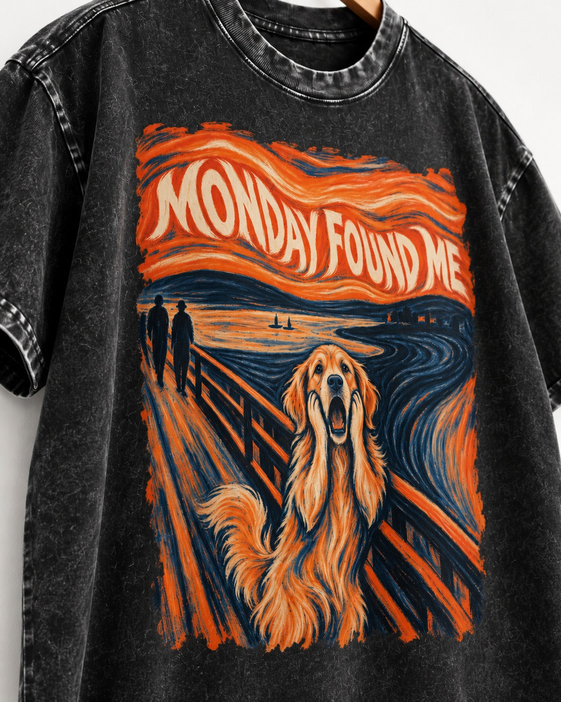 Monday Found Me Scream Golden Retriever Graphic Washed Tee in Black, close-up of the graphic