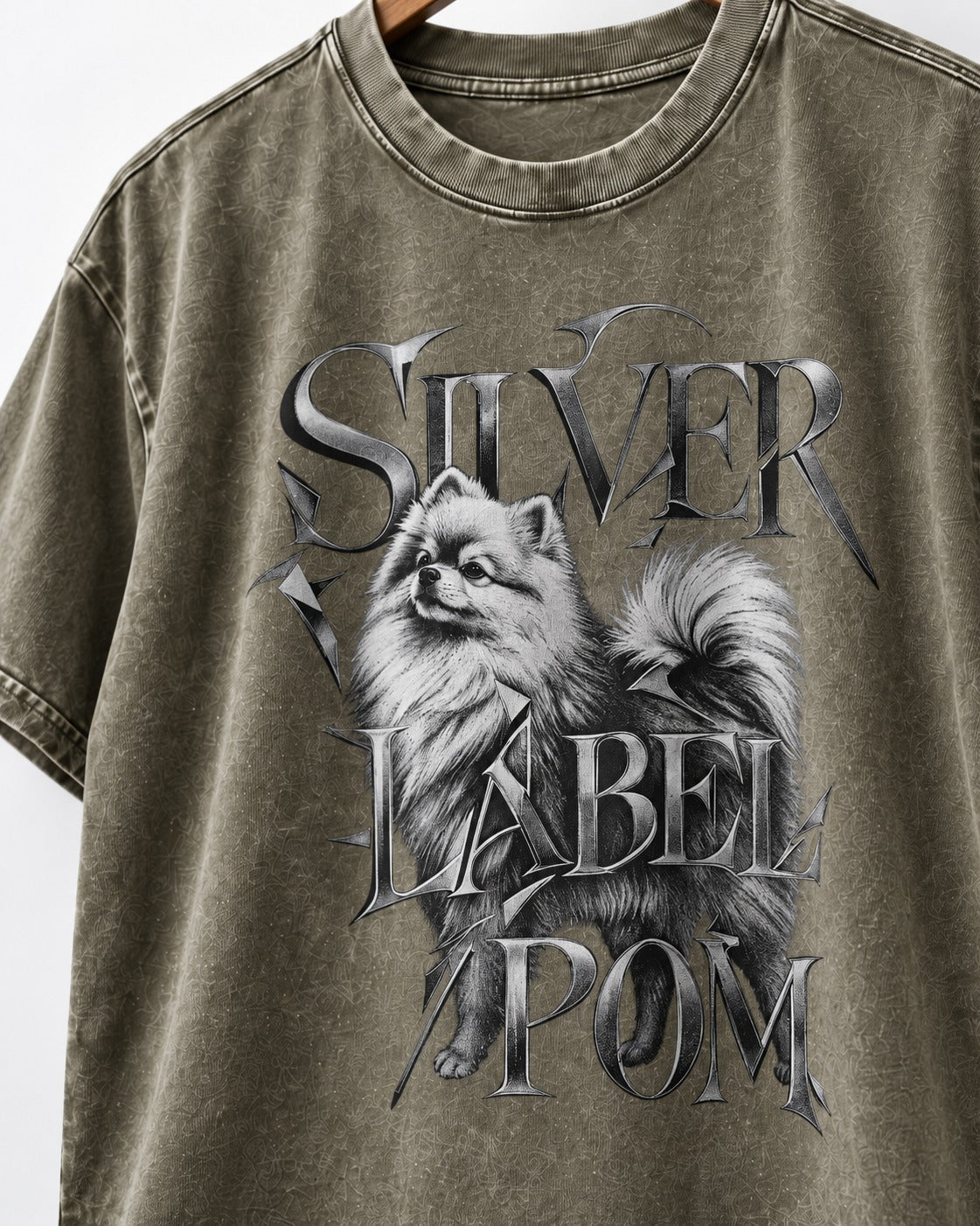 Pomeranian Silver Label Metallic Typography Graphic Washed Tee in Army Green, close-up of the graphic